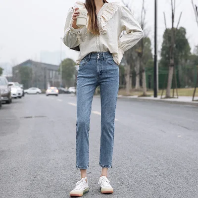 2020 новые корейские повседневные синие эластичные джинсы со средней талией, брюки-леггинсы