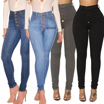 Оптовые женские модные джинсы скинни с пуговицами и высокой талией